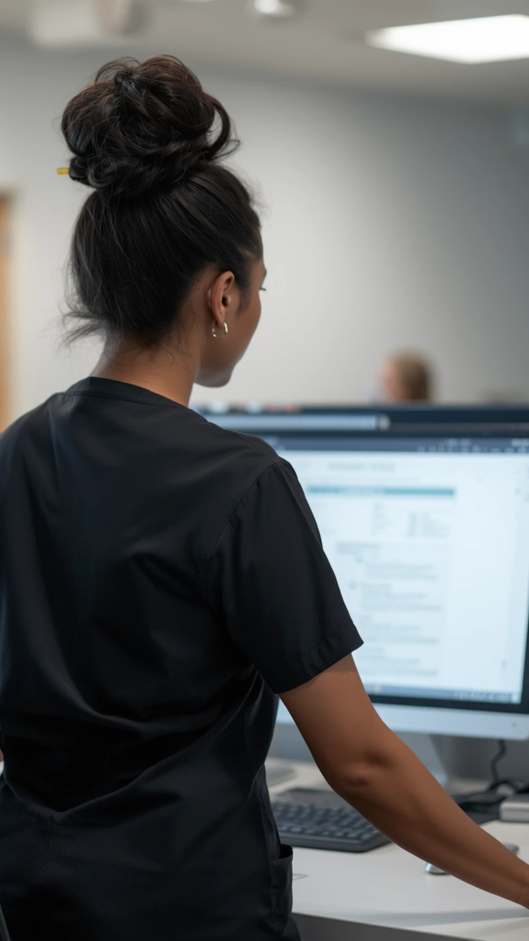 A medical assistant using a desktop computer to process a patient's prescription request securely.