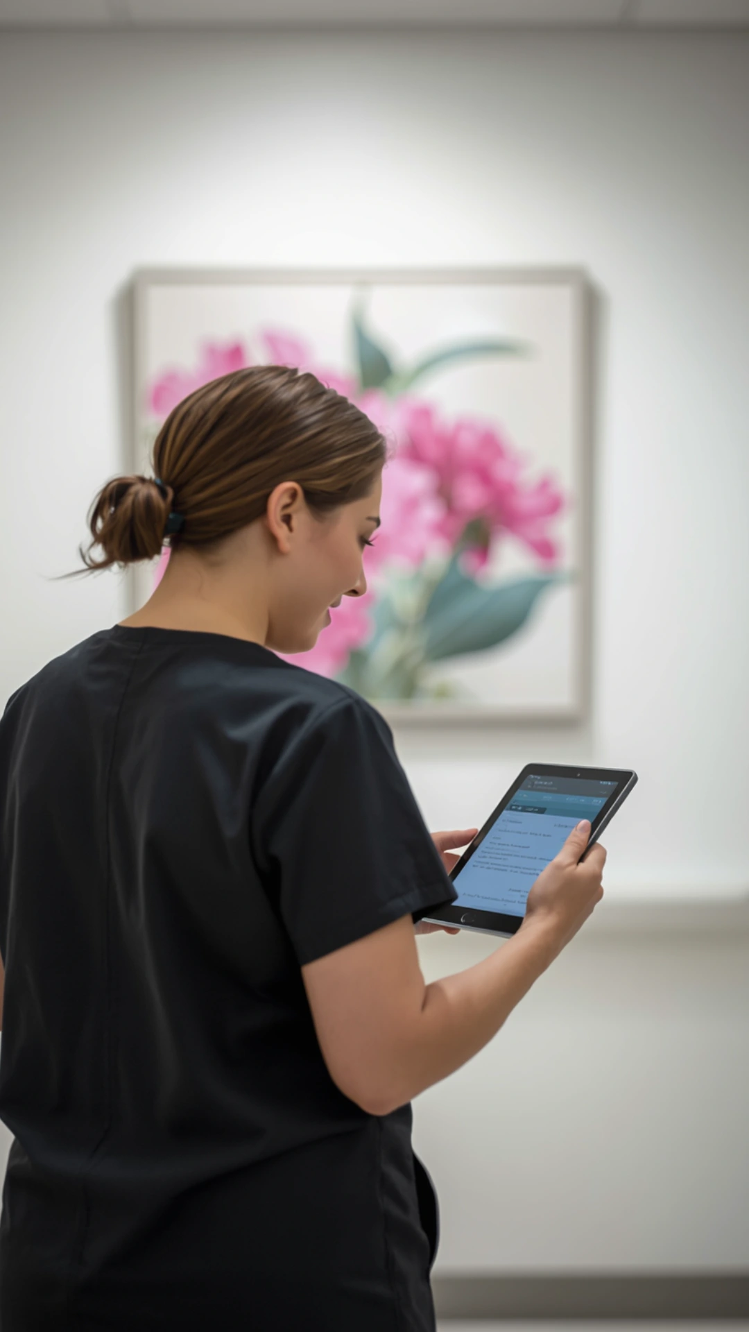 A back view of a healthcare provider in black scrubs using a blurred tablet in a clinic hallway with a pink floral painting.