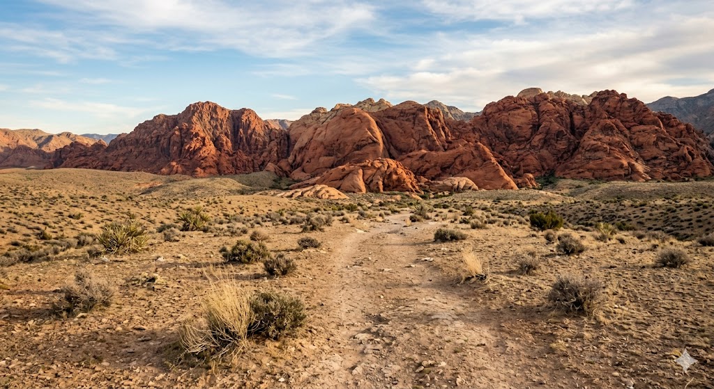A remote desert trail winding through arid scrubland toward massive red rock formations under a cloudy Nevada sky.